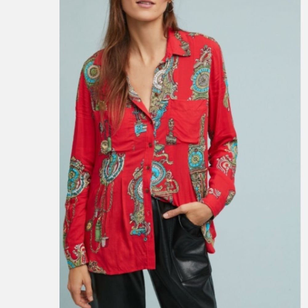 MAUVE x Anthropologie Whimsy Red Baroque Clock Print Shirt